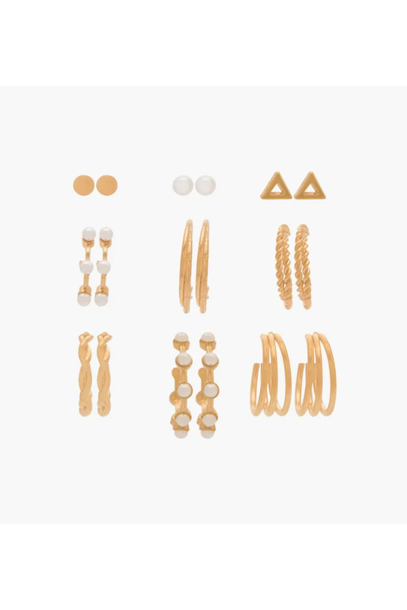 لايف ستايل Pack of 9 Gold Tone Stud and Hoop Earrings